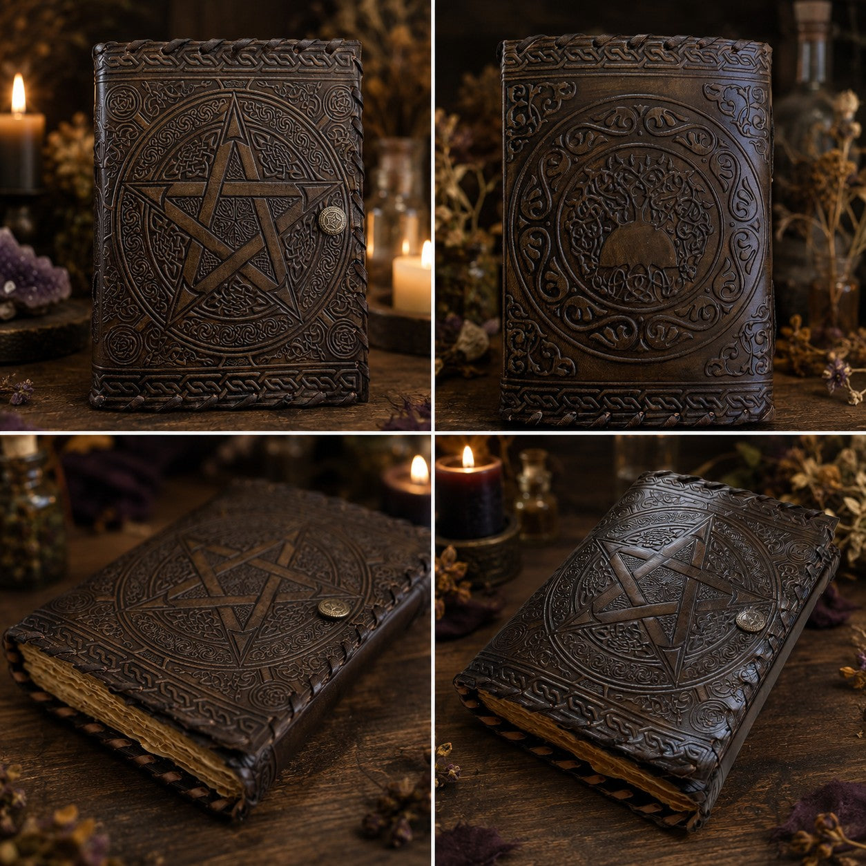 Celtic Wicca Pentagram Leather Journal – Vintage Pagan Grimoire Sketchbook – leather journal, size and scale view