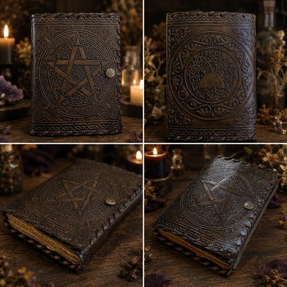 Celtic Wicca Pentagram Leather Journal – Vintage Pagan Grimoire Sketchbook – leather journal, size and scale view