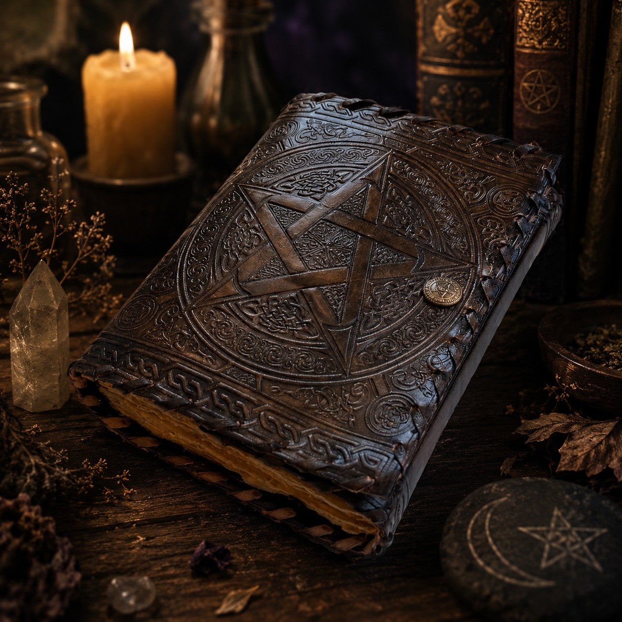 Celtic Wicca Pentagram Leather Journal – Vintage Pagan Grimoire Sketchbook-MoonChildWorld