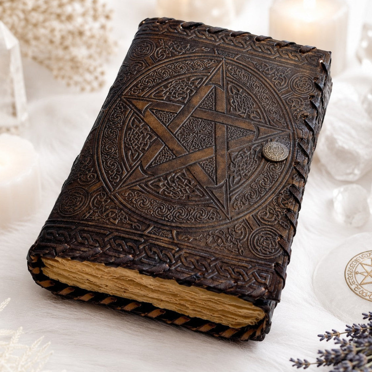 Celtic Wicca Pentagram Leather Journal – Vintage Pagan Grimoire Sketchbook – leather journal, front cover view