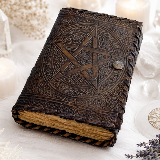 Celtic Wicca Pentagram Leather Journal – Vintage Pagan Grimoire Sketchbook – leather journal, front cover view