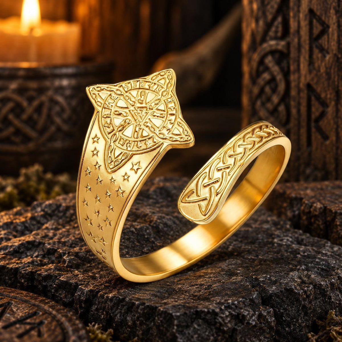 Celtic Witch Knot Ring with Triquetra & Rune Wheel Engraving in a dark pagan Viking altar setting, detailed polished metal finish