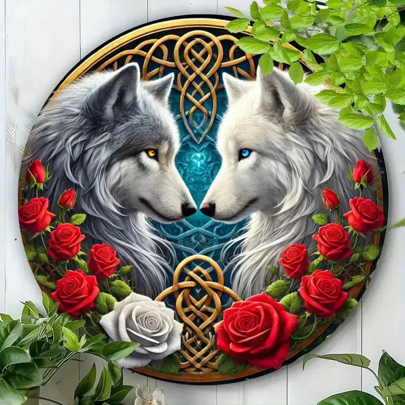 Celtic Wolf Metal Sign Black and White Wolves Wall Sign-MoonChildWorld