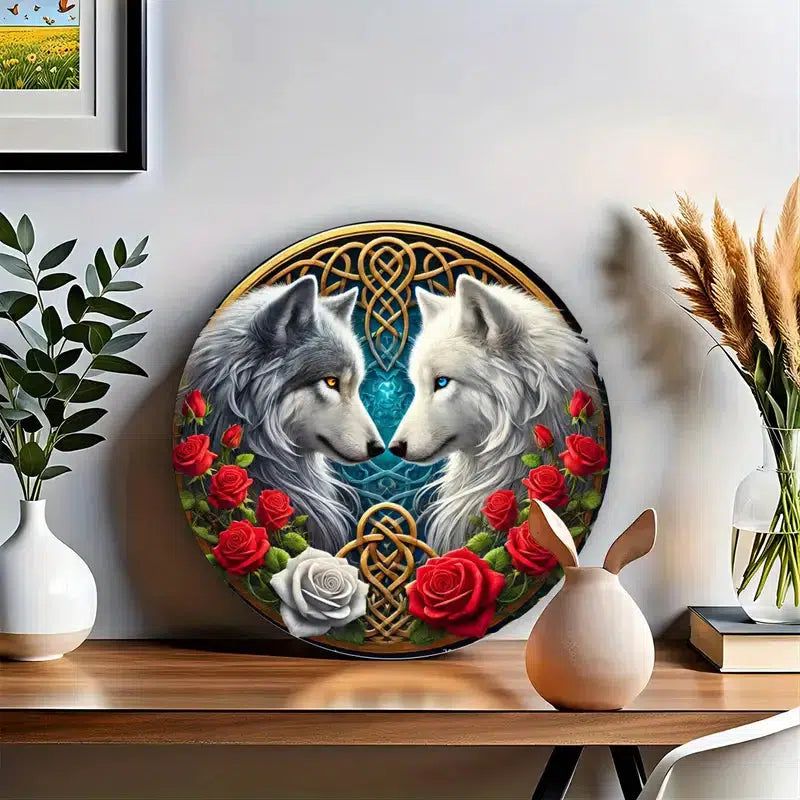 Celtic Wolf Metal Sign Black and White Wolves Wall Sign-MoonChildWorld