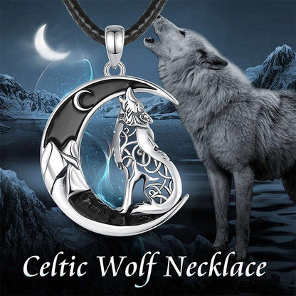Sterling silver Celtic wolf howling at a black zircon moon pendant on a black cord necklace.