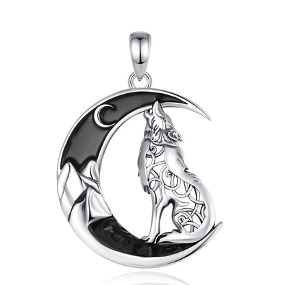 Sterling silver Celtic wolf howling at a black zircon moon pendant, 24.6mm*36.6mm.
