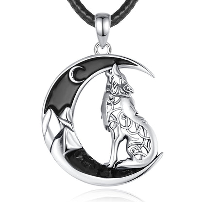 Celtic wolf howling at black zircon moon necklace in sterling silver.