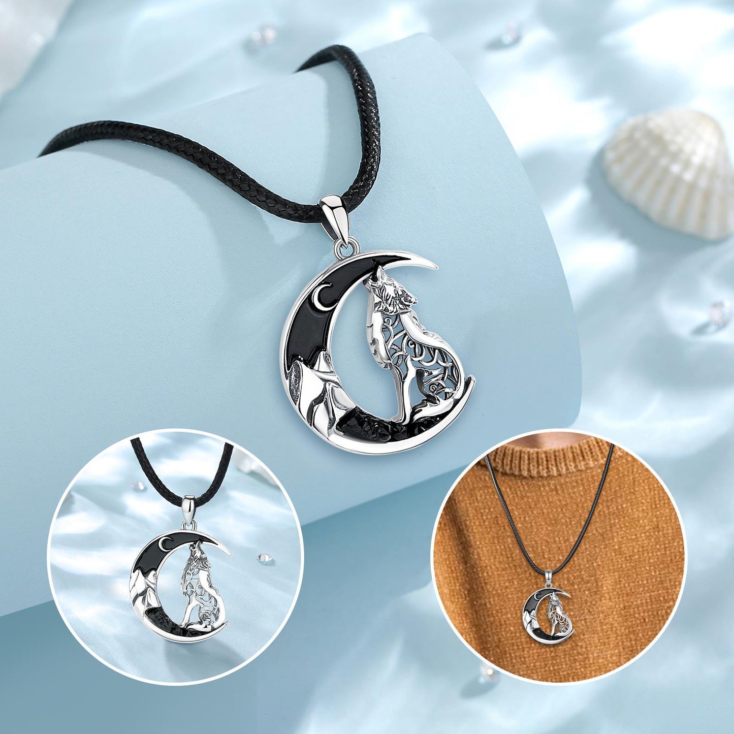 Sterling silver Celtic wolf necklace with black zircon moon, high polish finish, on a black cord.