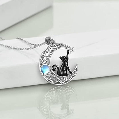 Breathtaking silver 925 Celtic knot moon necklace with a black cat and mystical blue gem.