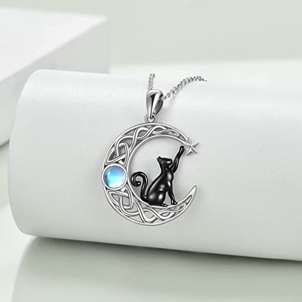 Genuine silver 925 Celtic knot Black Cat Moon Necklace with a mystical blue moonstone, radiating legendary beauty.