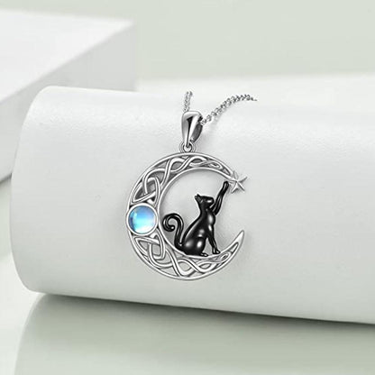 Genuine silver 925 Celtic knot Black Cat Moon Necklace with a mystical blue moonstone, radiating legendary beauty.