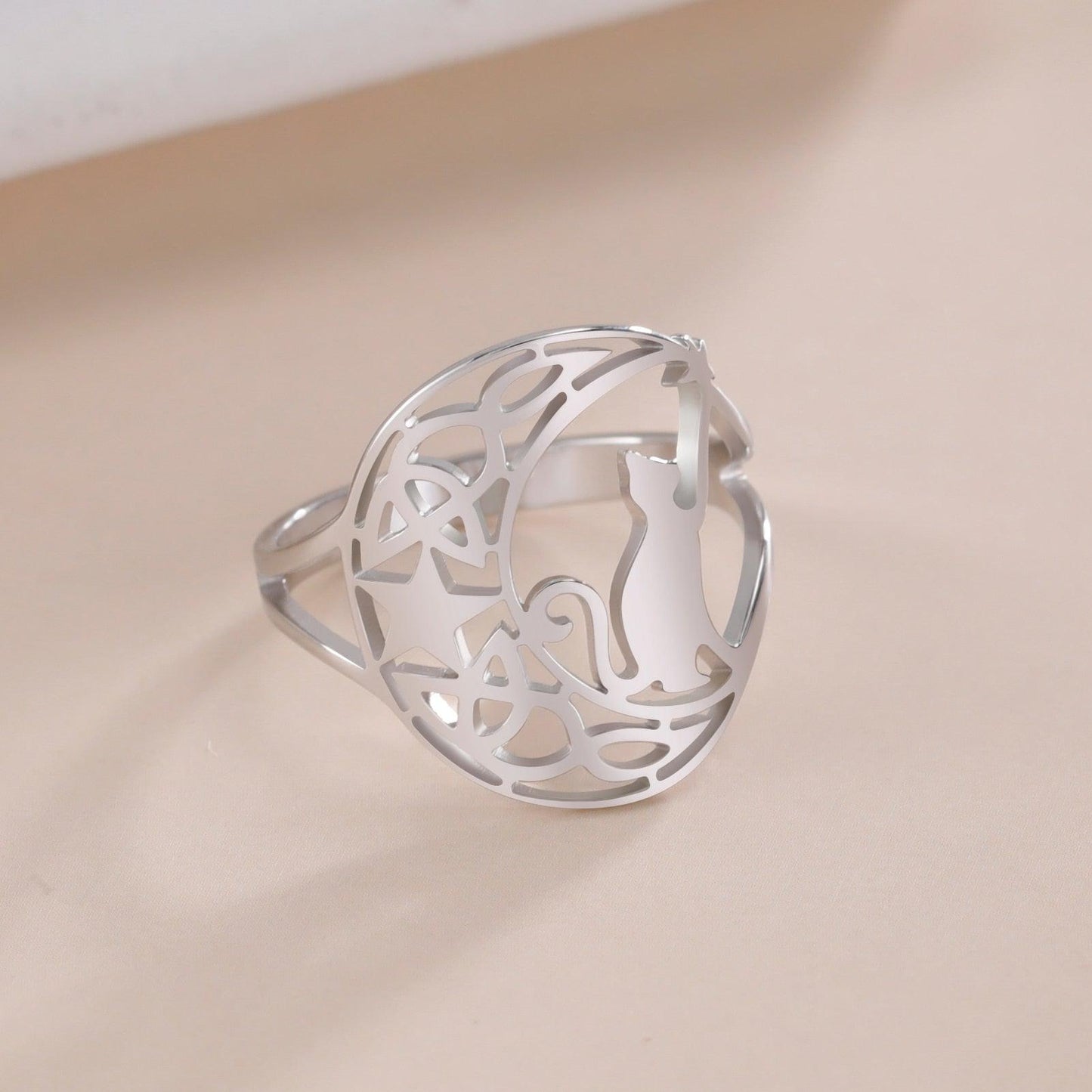 Celtics Knot Crescent Moon Cat Ring-MoonChildWorld