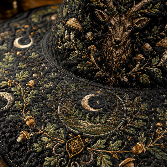 Cernunnos Witch Hat – Horned God Forest Moon Pagan Wide Brim Hat – styled with candles and crystals