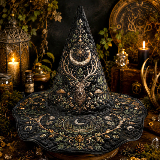 Cernunnos Witch Hat – Horned God Forest Moon Pagan Wide Brim Hat – on an altar table