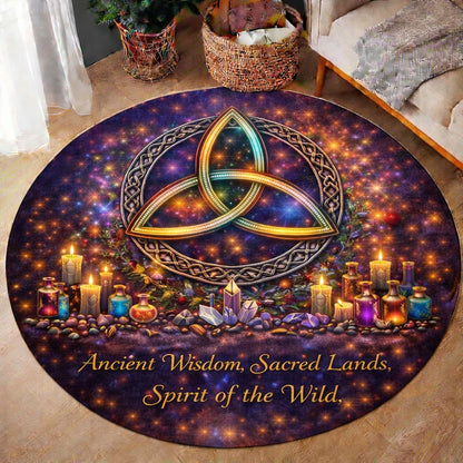 Round purple Wiccan rug with a glowing Celtic Triquetra knot, candles, crystals, and mystical text.