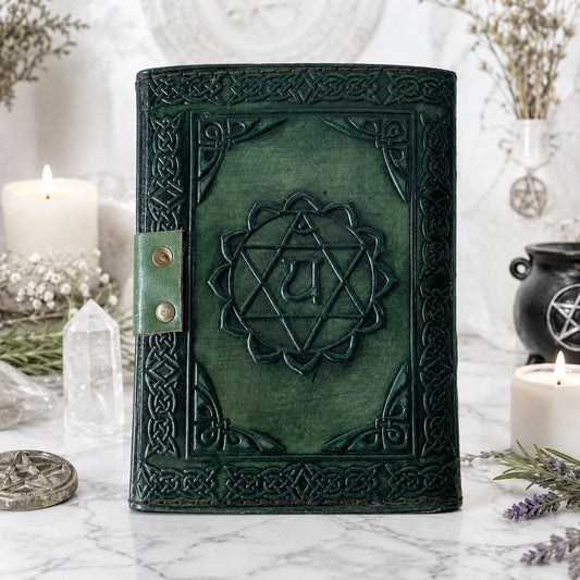 Chakra Embossed Leather Journal – Handmade Pagan Grimoire Writing Diary – leather journal, back cover view