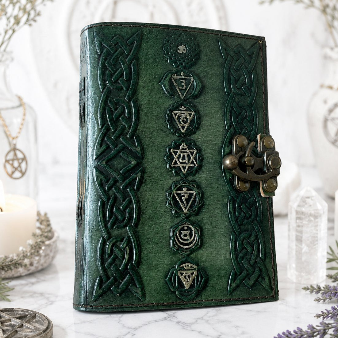 Chakra Embossed Leather Journal – Handmade Pagan Grimoire Writing Diary – leather journal, open blank pages view