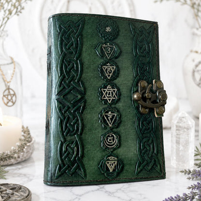 Chakra Embossed Leather Journal – Handmade Pagan Grimoire Writing Diary – leather journal, open blank pages view