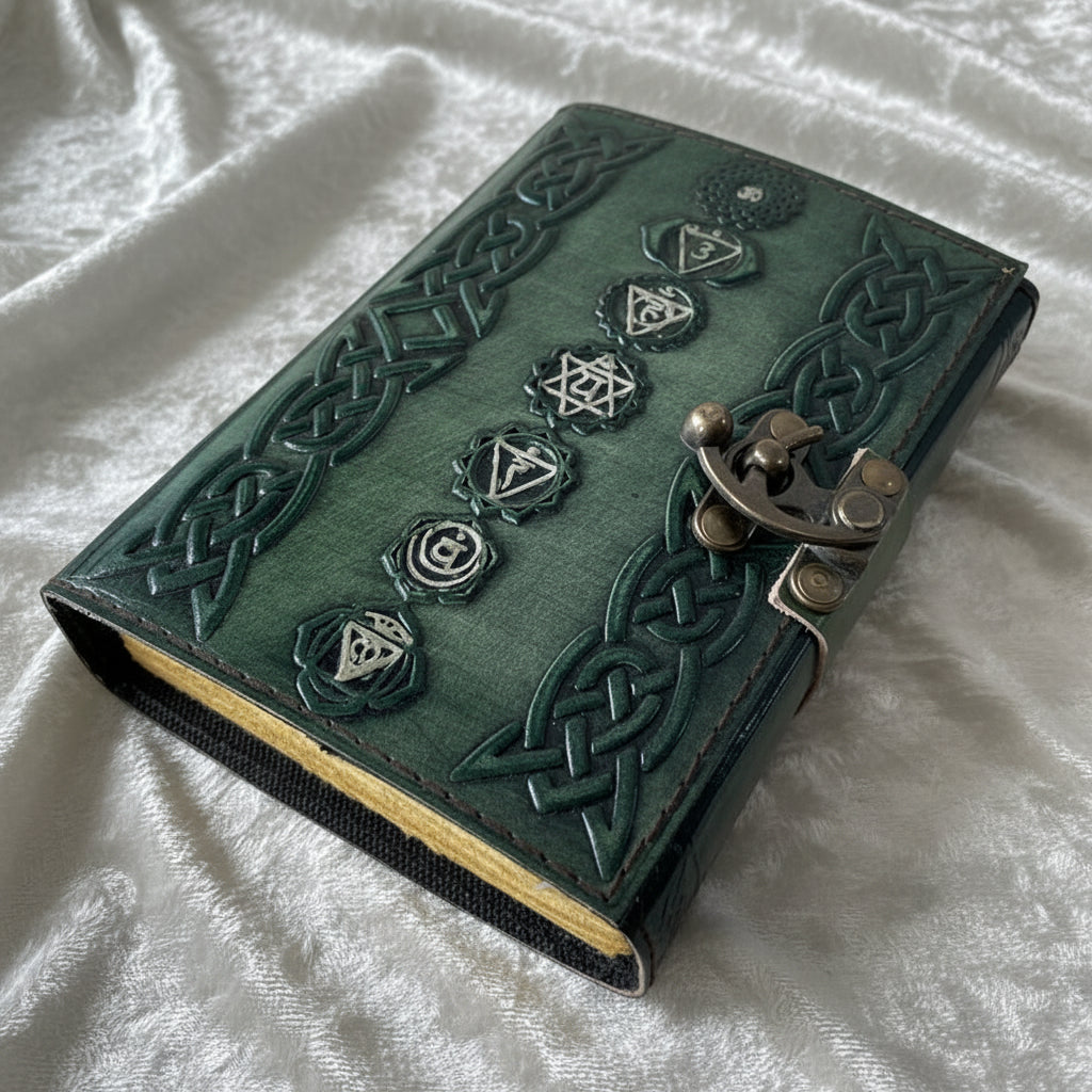 Chakra Embossed Leather Journal – Handmade Pagan Grimoire Writing Diary – leather journal, close-up cover detail