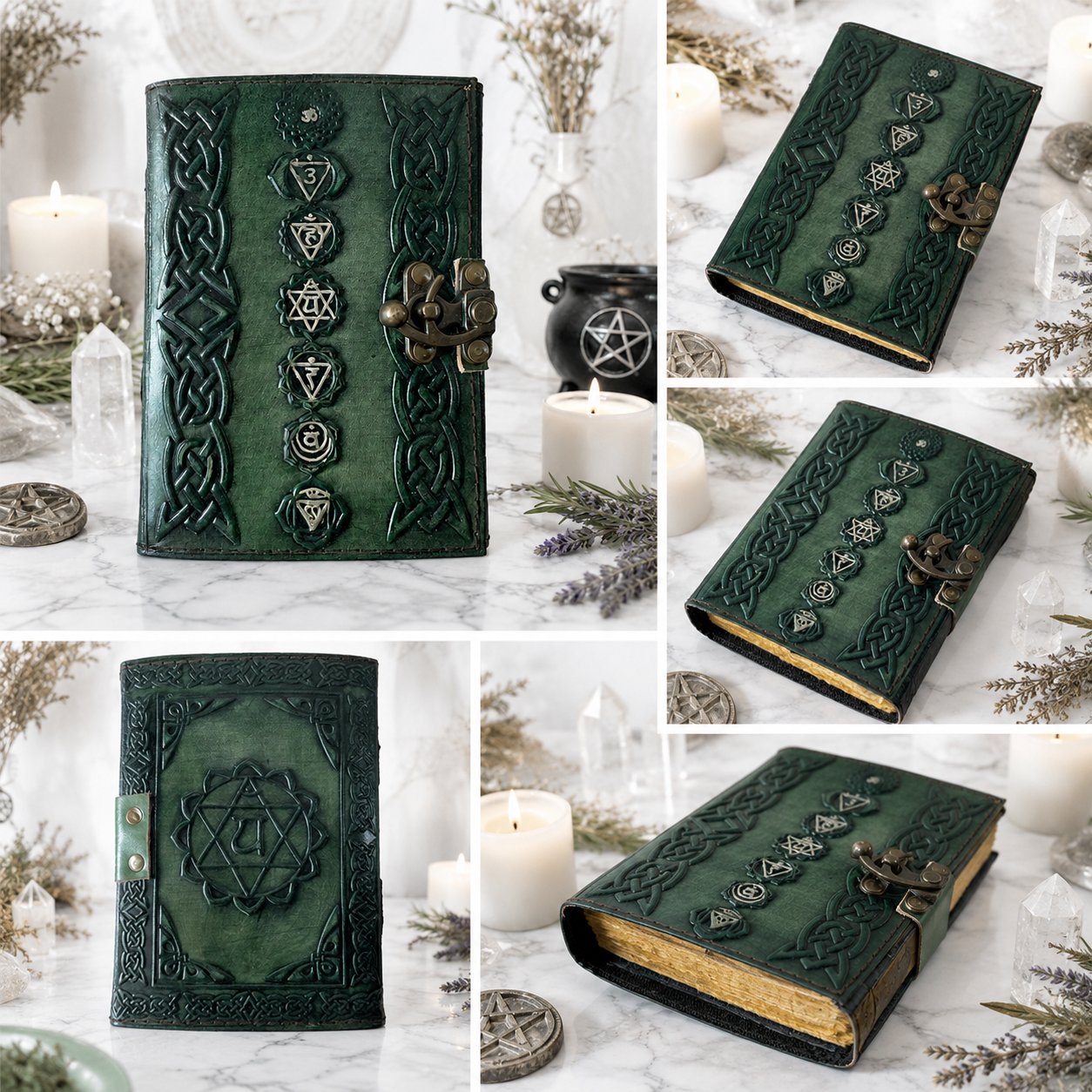 Chakra Embossed Leather Journal – Handmade Pagan Grimoire Writing Diary – leather journal, size and scale view