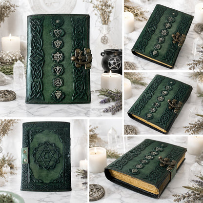 Chakra Embossed Leather Journal – Handmade Pagan Grimoire Writing Diary – leather journal, size and scale view