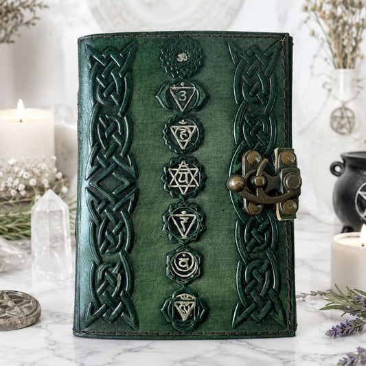 Chakra Embossed Leather Journal – Handmade Pagan Grimoire Writing Diary – leather journal, front cover view