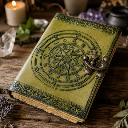 Chakra Pentagram Leather Journal with Brass Lock – Handmade Witch Grimoire – leather journal, back cover view