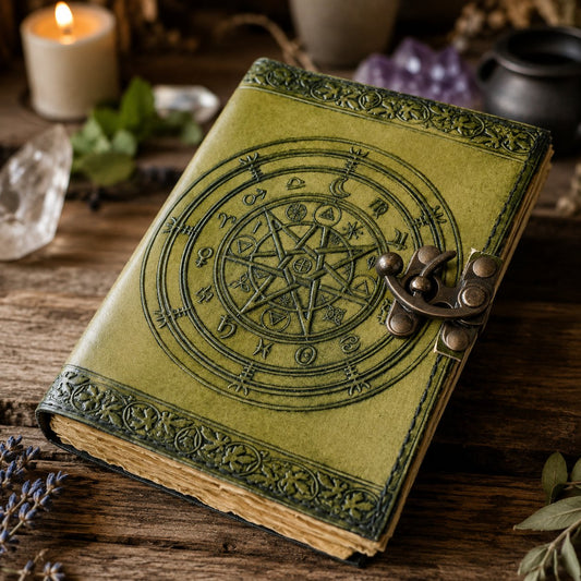 Chakra Pentagram Leather Journal with Brass Lock – Handmade Witch Grimoire – leather journal, back cover view