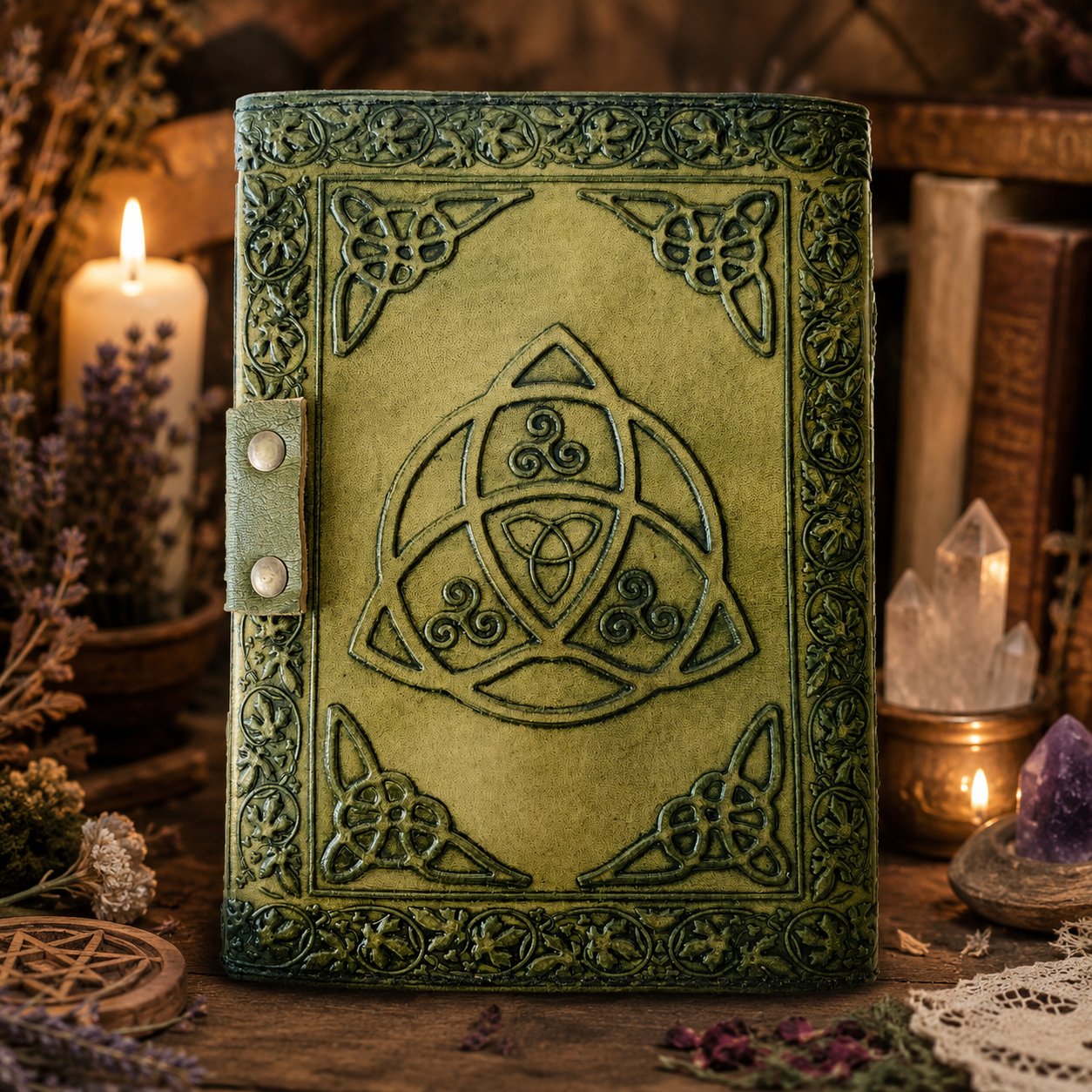Chakra Pentagram Leather Journal with Brass Lock – Handmade Witch Grimoire – leather journal, open blank pages view