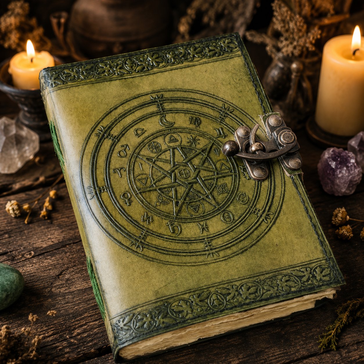 Chakra Pentagram Leather Journal with Brass Lock – Handmade Witch Grimoire – leather journal, close-up cover detail