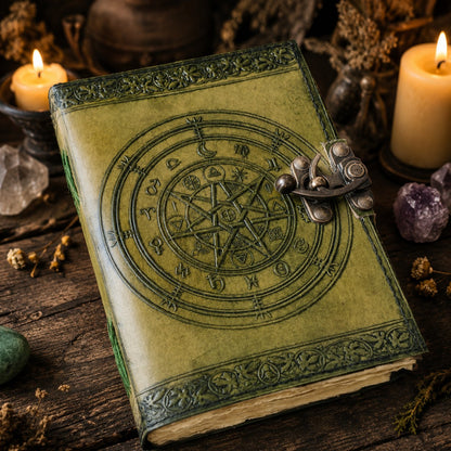 Chakra Pentagram Leather Journal with Brass Lock – Handmade Witch Grimoire – leather journal, close-up cover detail