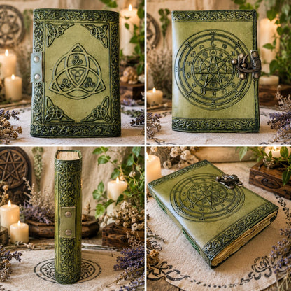 Chakra Pentagram Leather Journal with Brass Lock – Handmade Witch Grimoire – leather journal, size and scale view