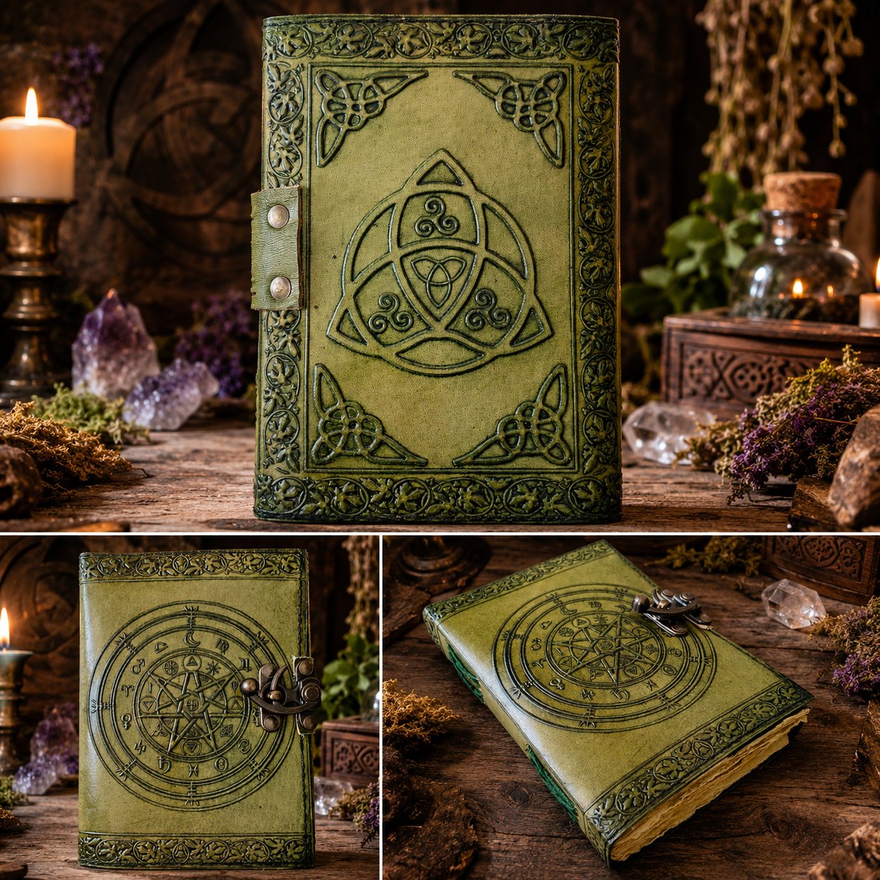 Chakra Pentagram Leather Journal with Brass Lock – Handmade Witch Grimoire – leather journal, front cover view