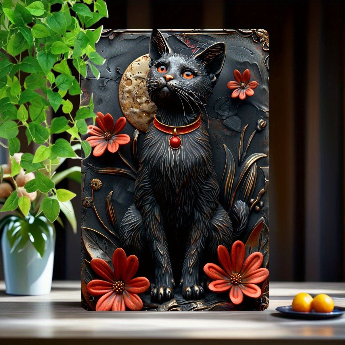 Charming Black Cat Metal Tin Sign Occult Cat Wall Art-MoonChildWorld
