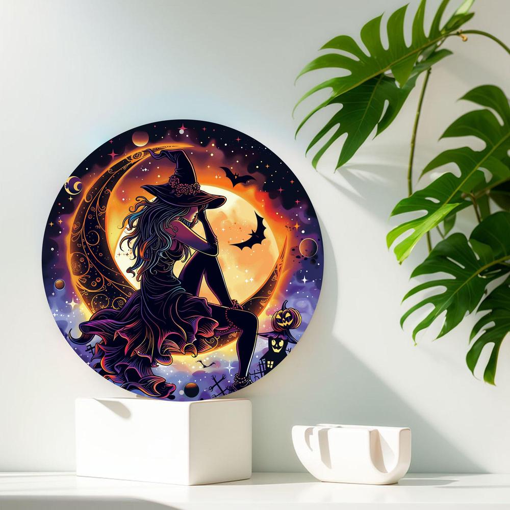 Charming Witch On The Moon Metal Sign Witch Halloween Sign-MoonChildWorld
