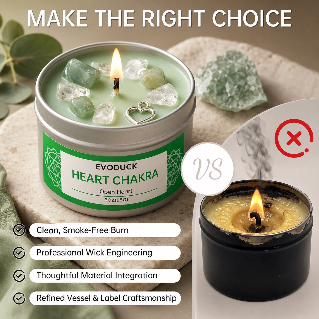 Heart Chakra crystal candle quality comparison versus a low-quality black candle