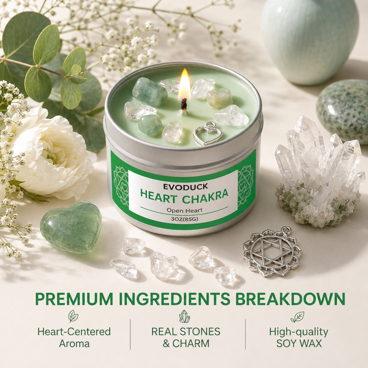 Rose Jasmine Heart Chakra candle premium ingredients: soy wax, real crystals, and heart charm