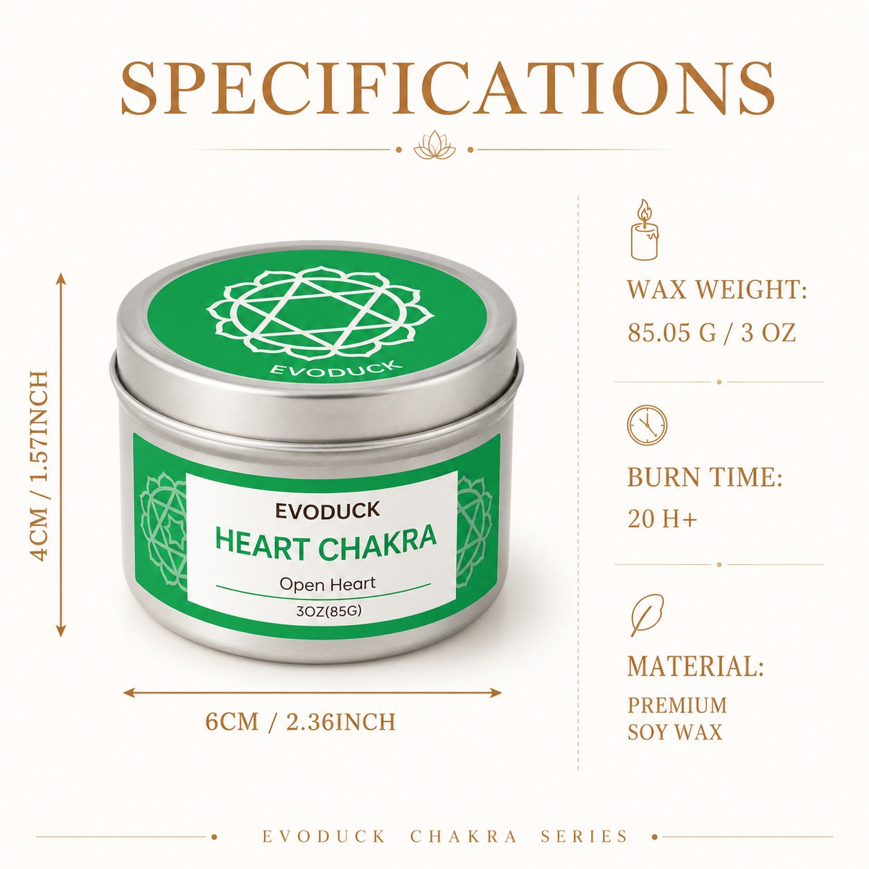Heart Chakra candle specifications: wax weight, burn time, soy wax material, and size