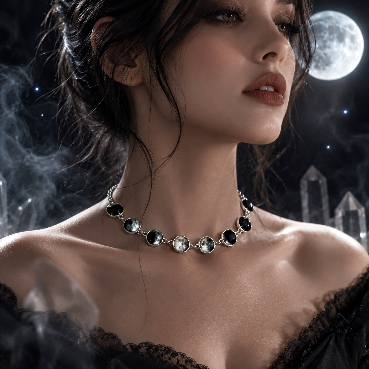 Gothic Moon Phase Choker - Lunar Cycle Celestial Necklace