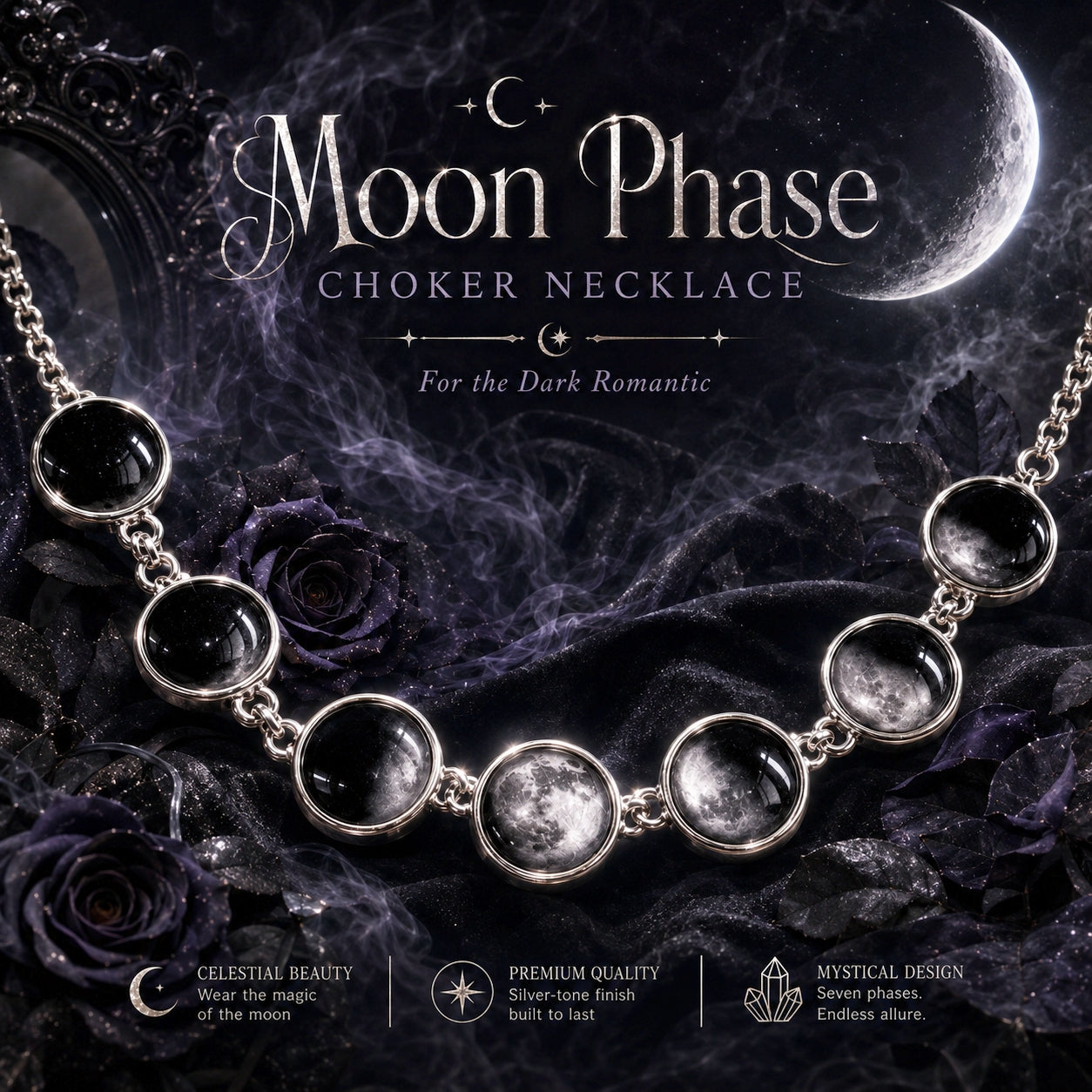 Moon Phase Choker Necklace with seven silver-toned oval links holding clear domed glass beads showing moon phases, displayed on a dark gothic background with roses and text overlays.