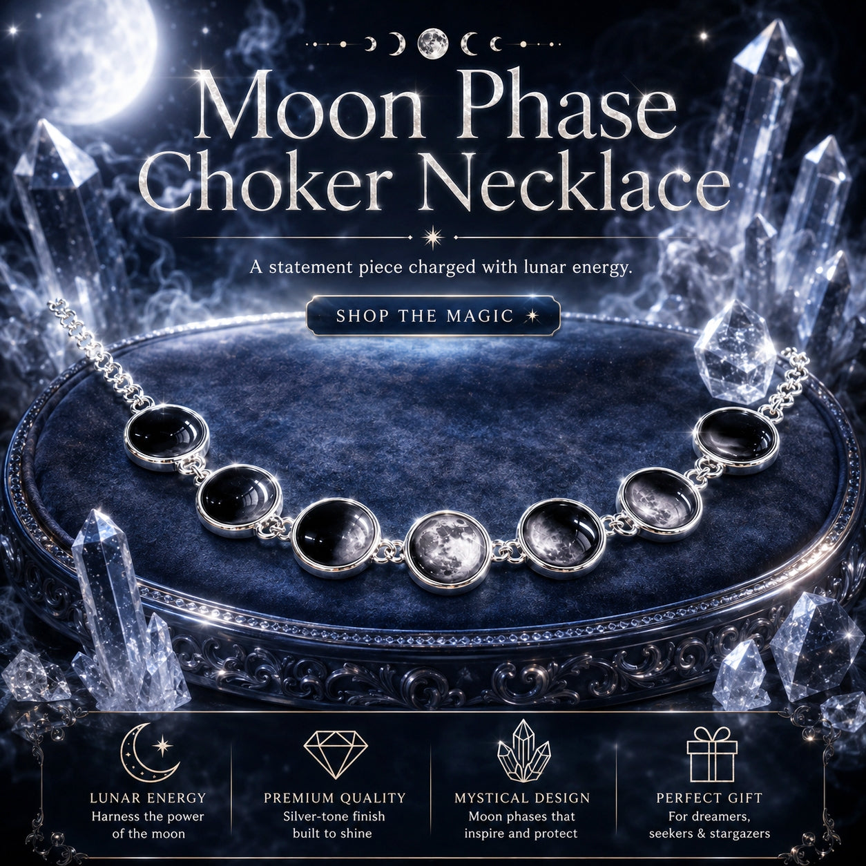 Moon Phase Choker Necklace displayed on a dark velvet tray surrounded by glowing crystal points and moon phases. The necklace features seven silver-toned oval links with moon-phase imagery, set against a mystical cosmic background with promotional text overlays.