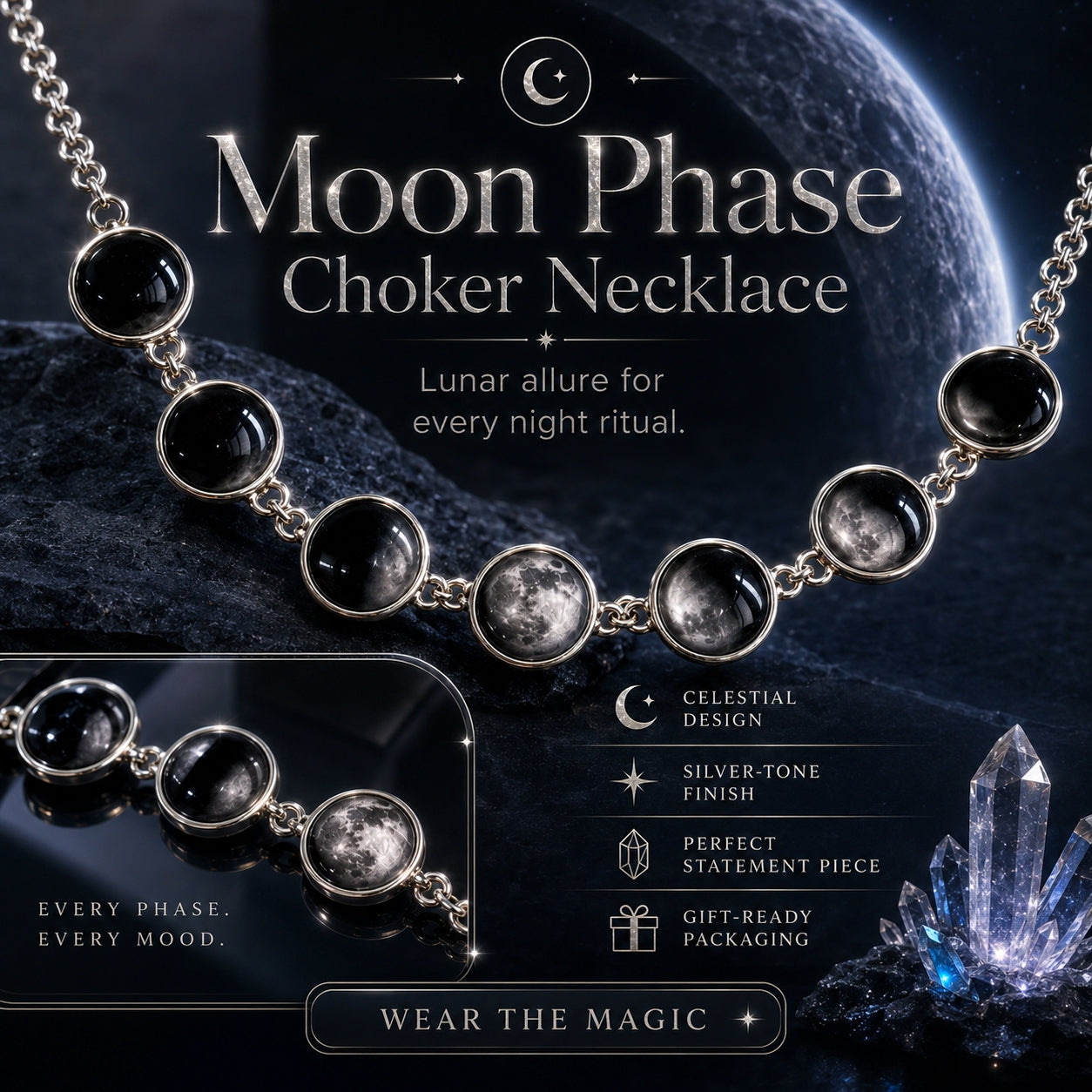 Moon Phase Choker Necklace featuring silver-toned links with black and cloudy moonstone beads, displayed against a dark celestial background with text overlays and product features.