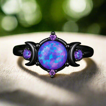 Purple Crystal Triple Moon Black Rings for Wiccan - Pagan Jewelry