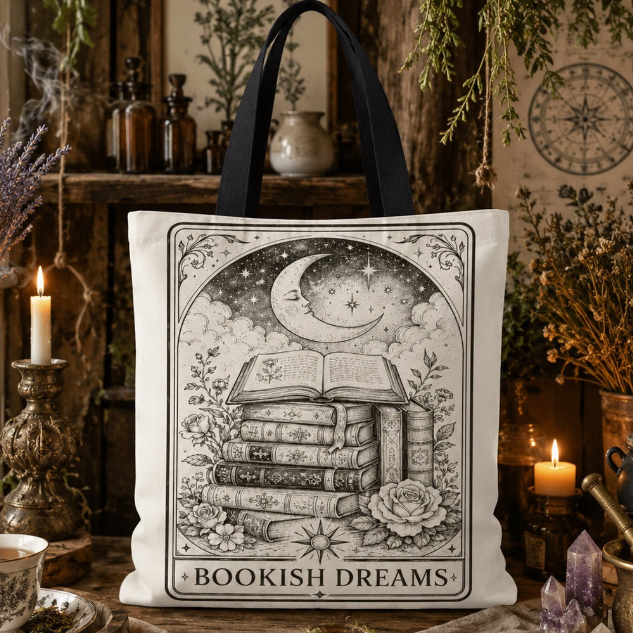 'Bookish Dreams' printed canvas tote bag: a tall stack of books beneath a crescent moon and stars, surrounded by roses.