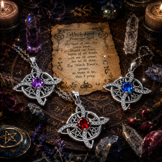 Three Witch Knot Necklace with Pentagram, Moon, Triquetra, Triskele & Birthstone on a mystical background with candles and crystals.