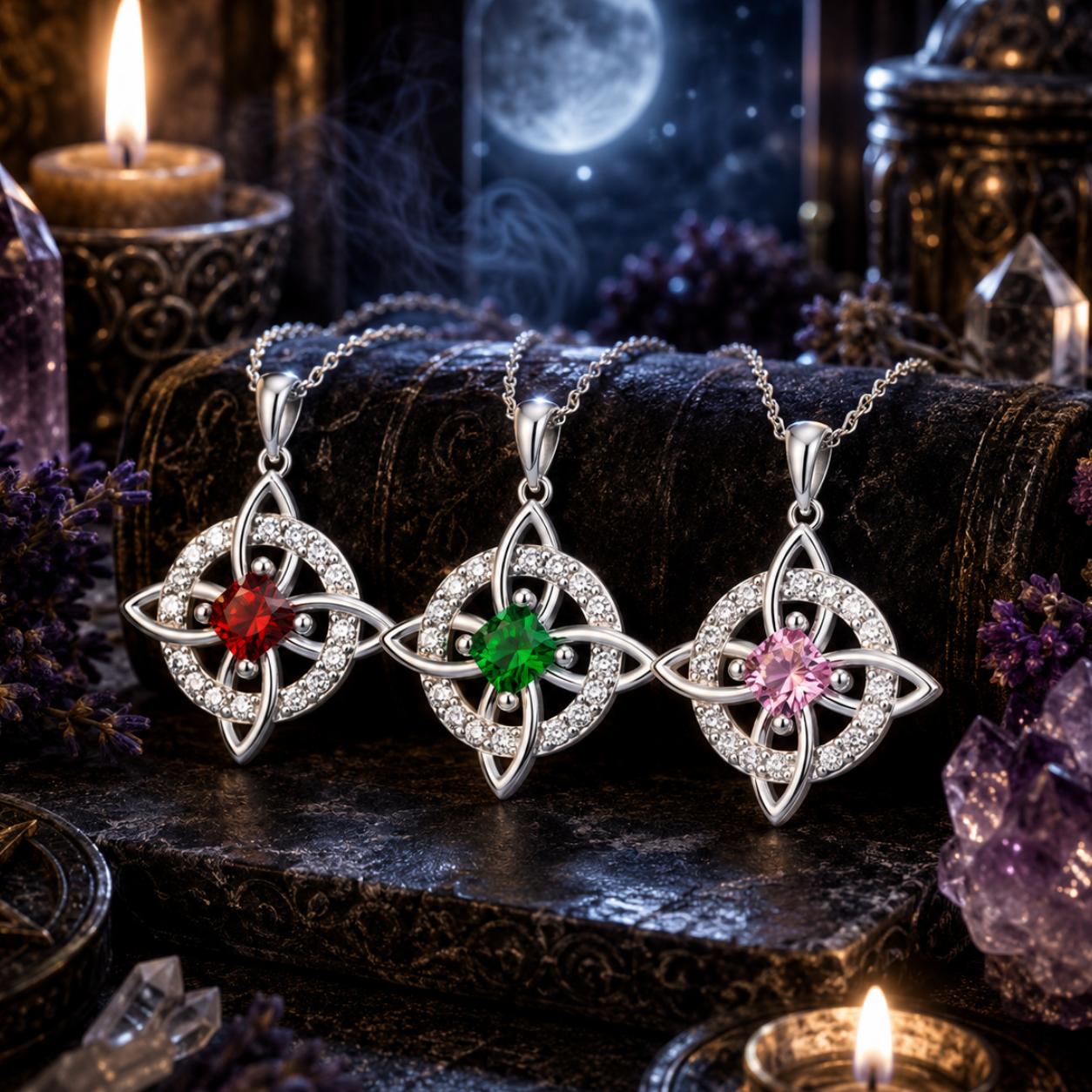 Birthstone Witch Knot Necklace – 925 Sterling Silver Celtic Protection Amulet for Wiccan & Pagan Practice