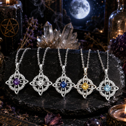 Birthstone Witch Knot Necklace – 925 Sterling Silver Celtic Protection Amulet for Wiccan & Pagan Practice