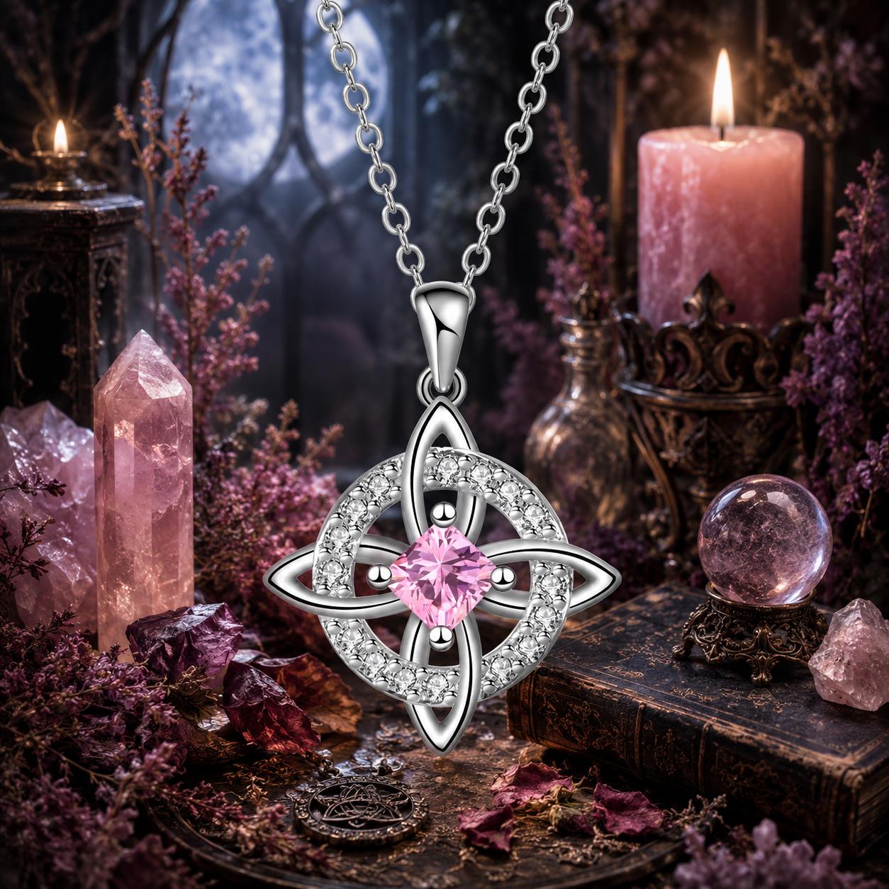 Birthstone Witch Knot Necklace – 925 Sterling Silver Celtic Protection Amulet for Wiccan & Pagan Practice