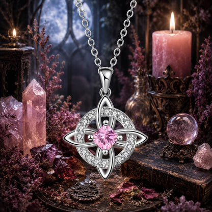 Birthstone Witch Knot Necklace – 925 Sterling Silver Celtic Protection Amulet for Wiccan & Pagan Practice