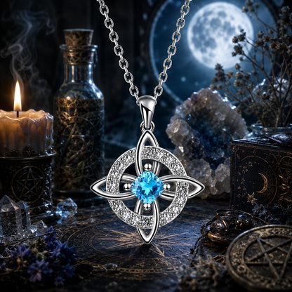 Birthstone Witch Knot Necklace – 925 Sterling Silver Celtic Protection Amulet for Wiccan & Pagan Practice